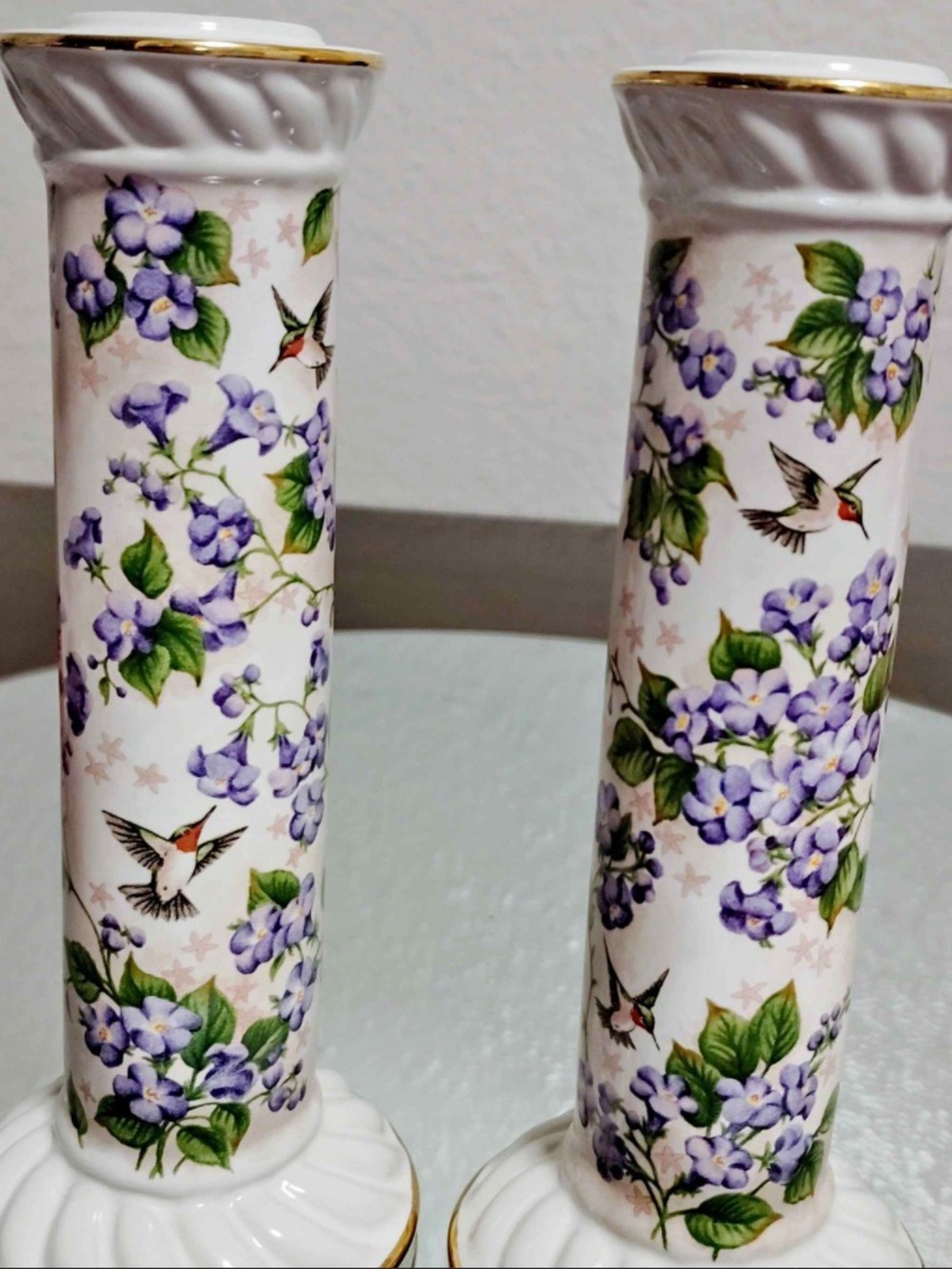 Floral Hummingbird Porcelain Candle Holders - White and Purple